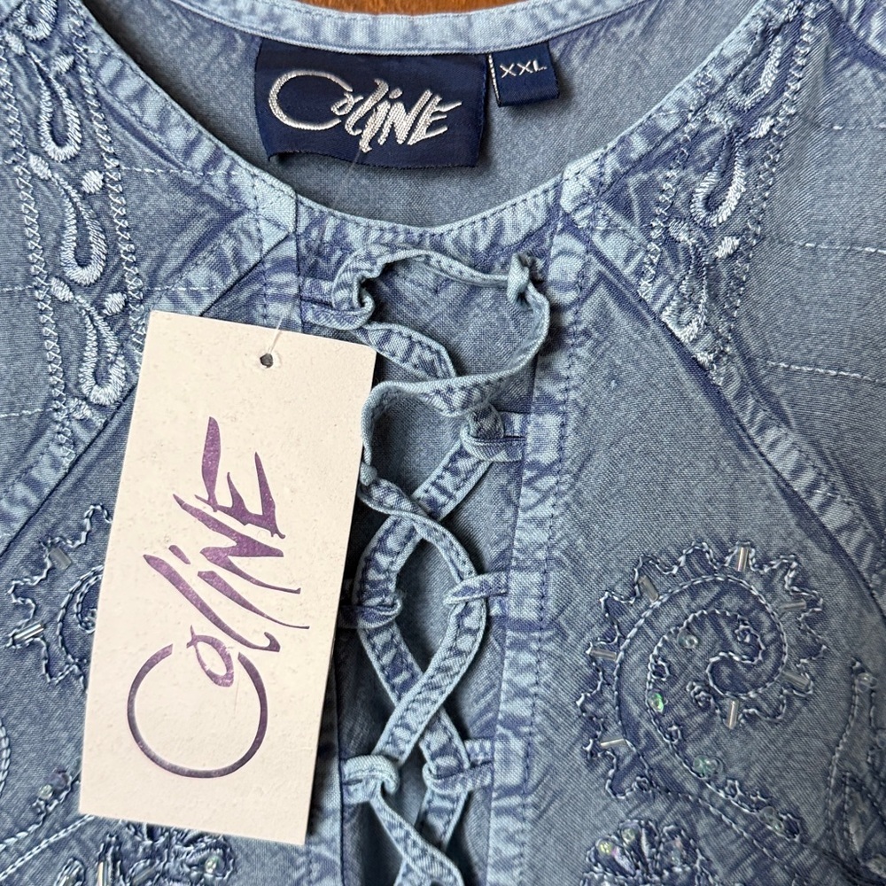 Coline NWT Denim Blue Viscose Beaded and Embroidered Midi Dress. XXL - Picture 4 of 8